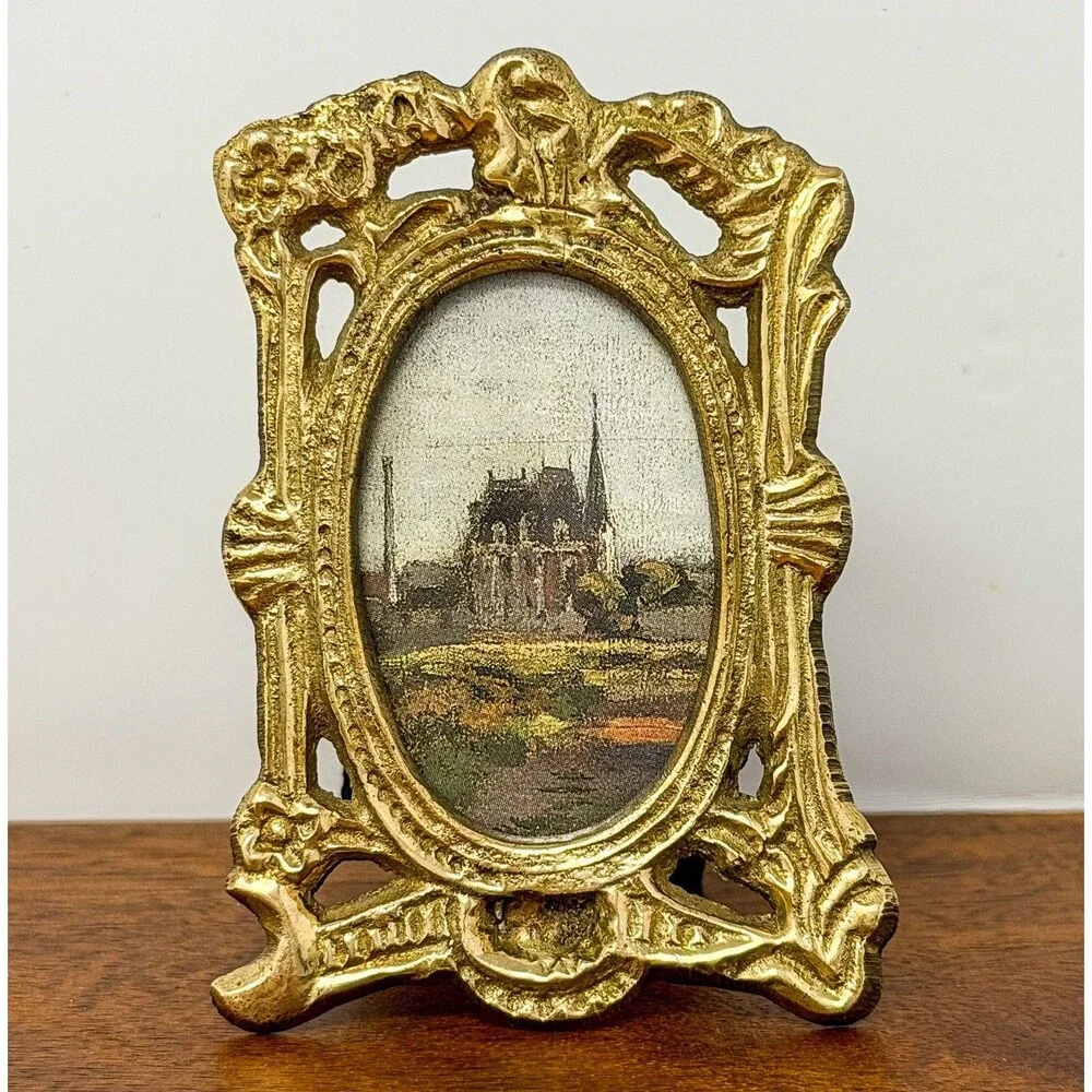 Antique Art Nouveau Solid Brass Miniature Oval Picture Frame c.1895-1915